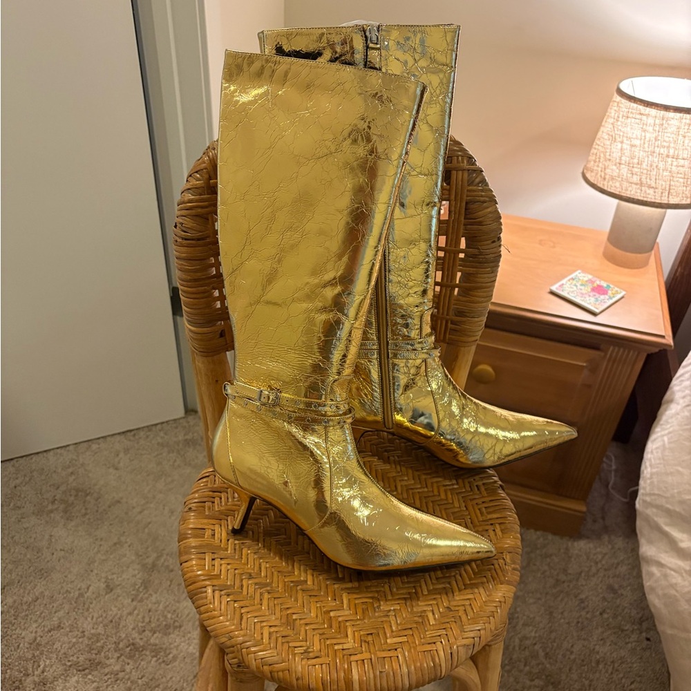 Anthropologie Caverley Gold Kitten Heel Boots